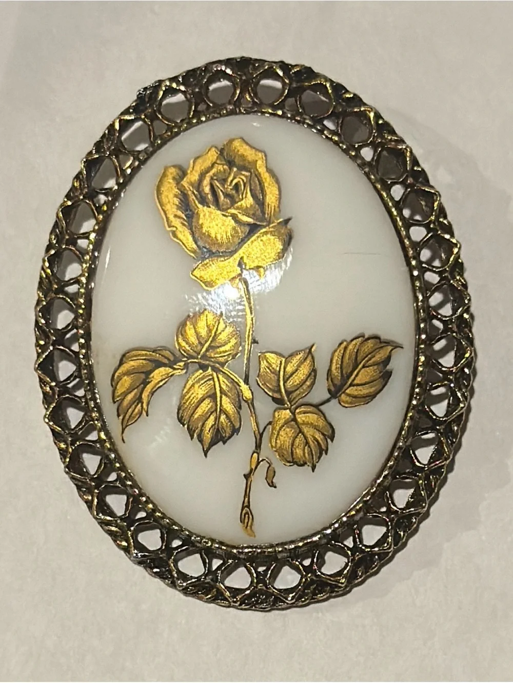 Sold Vintage Romantic Golden Rose Oval Milk Glass Cameo Brooch
